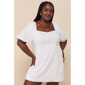 Strolling the Seine White Plaid Burnout Puff Sleeve Mini Dress